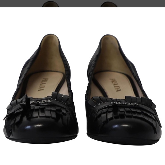 Prada Classic Black Leather Fringe Block Heel size IT 40.5 - Picture 1 of 7